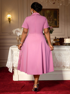 AM050511 collo a manica corta con bavero asimmetrico in pizzo Patchwork rosa a Line formale <span class=keywords><strong>Plus</strong></span> Size abiti Casual da donna con cintura Midi - Product Image 2