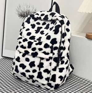 Mochila de viaje de felpa peluda con patrón de vaca lindo de color contraste mochila de piel de chica de ocio estilo Harajuku coreano - Product Image 4