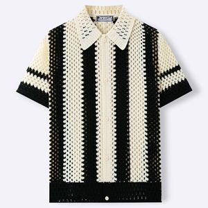 <span class=keywords><strong>Cardigan</strong></span> Estivo da Uomo in Maglia Traforata, Maglietta <span class=keywords><strong>Polo</strong></span> a Righe Bianche e Nere con Fiori Traforati Solubili in Acqua, Camicie da Uomo per Club e Feste - Product Image 2