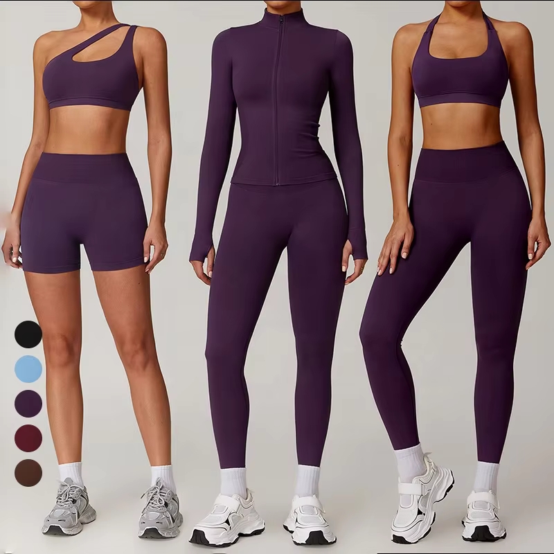 High Quality 5 Pieces Women Yoga Set One Shoulder Off Shoulder Free Matching Stretchy Workout Suit Gym Activewear