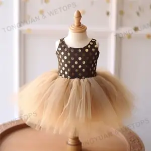 Vestido tutu infantil de bolinhas, vestido dourado com 3 camadas saia de tutus para recém-nascidos 2-8 anos