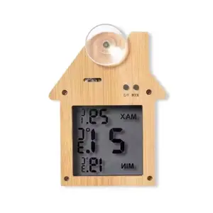 Hete Verkoop Product Bamboe Gemaakt Huis Vorm Overdracht Lcd-Display Indoor Digitale Thermometer Zuigen Op Raam Klok
