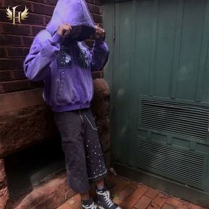 500GSM Hoodies Metal Rivet Custom Cut and Sew Splicing Sun Faded Acid Wash Zip up Distressed Embroidered Hoodies - Product Image 4