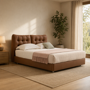 Cabecera Acolchada con Botones, Base de Plataforma Baja, Cuero PU Marrón, Patas de Metal, para Recámara Principal u Hotel - Product Image 3