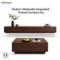 Ensemble Meuble TV Suspendu et Table Basse en Noyer Moderne, Console Multimédia Flottante de Luxe Sans Poignées, Mobilier de Salon pour Villa