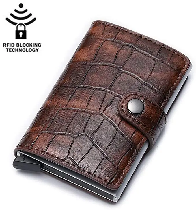 Custom RFID Blocking Slim Wallet Aluminum Business Card Holder Designer Leather Crocodile Pattern Pop Up Card Case
