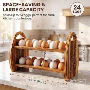 Estante de madera para almacenamiento de huevos de 2 niveles con asa, organizador de escritorio para exhibir huevos frescos - Product Image 4