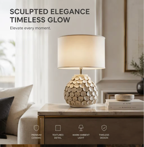 Lampe de table en céramique blanche avec abat-jour en forme de tambour, lumière décorative moderne pour la chambre à coucher, pour le salon - Product Image 3