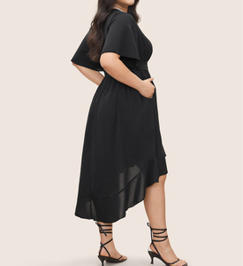 Venta al por mayor de gran tamaño de las mujeres Midi vestido negro sólido patrón alto bajo Streetwear volantes fajas decoración hecha sostenible Spandex - Product Image 4