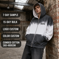 Özel Tasarım 460GSM Beyaz Gradyan Füme Boyalı Ağır Polar Fermuarlı Düşük Omuzlu Kanguru Cepli Sokak Modası Vintage Erkek Kapüşonlu Sweatshirt