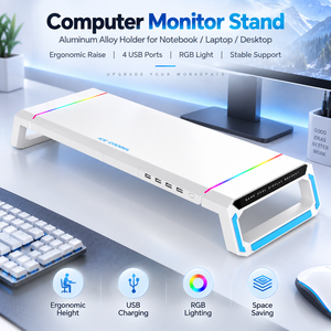 Soporte de Aluminio para Monitor de Portátil con 4 Puertos USB, Almacenamiento para Teclado, Elevador de Escritorio para Computadora, Oficina y Juegos - Product Image 1