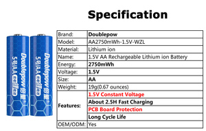 Batteries Li-Ion rechargeables AA Doublepow 1,5 Volt 2750mWh pour jouets, stockage d'énergie solaire, électronique grand public - Product Image 3