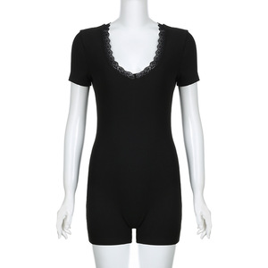 Combinaison courte skinny noire sexy à col en dentelle, combinaison élégante et solide pour femmes, combinaison une pièce, vêtements d'entraînement - Product Image 3