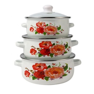 Ensemble de 3 casseroles en fonte émaillée avec poignées composites, couvercles en verre trempé, design floral écologique, compatible gaz et <span class=keywords><strong>induction</strong></span> - Product Image 5