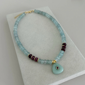 BD-B9212 Collana con Ciondolo in Pietra Naturale Boho, Collana di Perline in <span class=keywords><strong>Acquamarina</strong></span> e Quarzo Fragola, Elegante Collana da Donna per Feste - Product Image 1