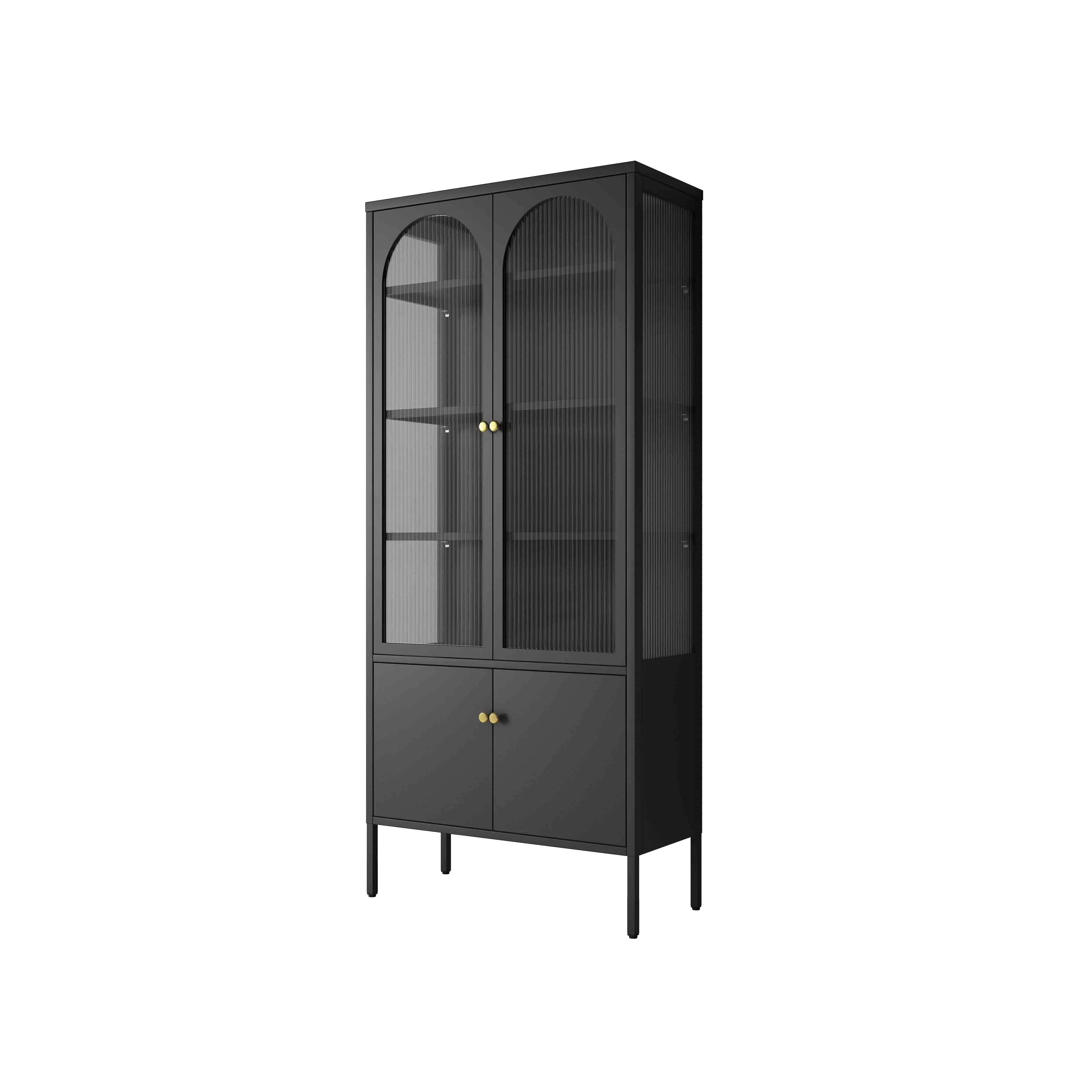 Steel furniture Black home office cabinet high storage cabinet steel bookcase metal cupboard with 2 glass Arc door