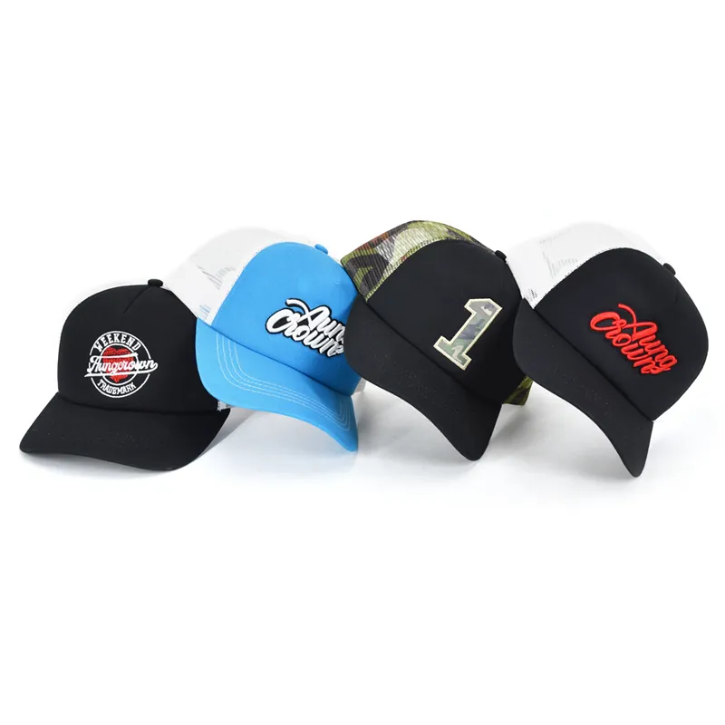 Benutzer definierte Logo Hersteller Designer Herren 5 Panel Snapback mit Patch Foam Cotton Mesh Trucker Hut Stick kappe