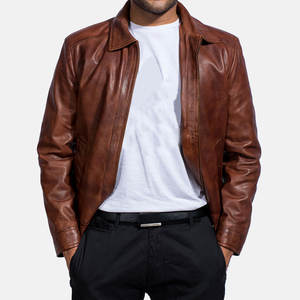 แจ็กเก็ตหนังแกะสีน้ำตาลสำหรับผู้ชาย, เสื้อแจ็คเก็ตหนังแกะกระเป๋าซิปคู่ไซส์ใหญ่พิเศษสำหรับฤดูหนาว - Product Image 1