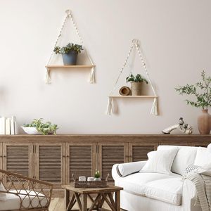 Set di 2 Mensole da Parete <span class=keywords><strong>in</strong></span> Legno - Mensole Galleggianti Boho Bianche con Macramè, Porta Piante Regolabile, Scaffale Rustico per Decorazione Murale - Product Image 5