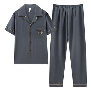 Pigiama da <span class=keywords><strong>uomo</strong></span> a manica corta pantaloni lunghi 2 pezzi Set da <span class=keywords><strong>uomo</strong></span> Cardigan stile per il tempo libero morbido abbigliamento da notte comodo in cotone - Product Image 1