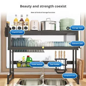 Large Metal Double Modern Multifunction <b>Kitchen</b> <b>Storage</b> Rack Carbon Steel Sink Draining for Cover Countertop Dish Bowl <b>Storage</b> - Product Image 3