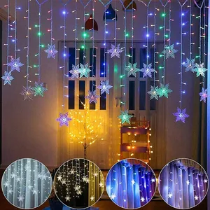 Cortina con copos de nieve para ventana, luces navideñas, guirnalda de hadas, guirnalda para exteriores, decoración de jardín y fiesta en casa