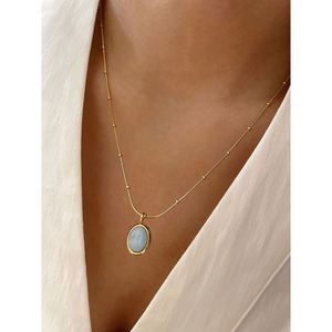 Kalung baja tahan karat Oval biru langit Cymophane Opal 316L kalung lapis emas 18K batu bening perhiasan antik Perancis wanita - Product Image 1