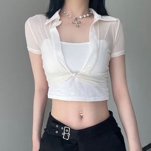 Sexy Sheer <b>Mesh</b> Crop <b>Top</b> for <b>Women</b> Twist Front Deep V Lapel Short Sleeve See Through Club Party Night Out <b>Top</b> - Product Image 3