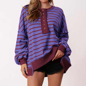 Suéter Popular Informal a <span class=keywords><strong>Rayas</strong></span> para Mujer, <span class=keywords><strong>Manga</strong></span> <span class=keywords><strong>Larga</strong></span>, Otoño e Invierno, Corte Holgado, Color Brillante, Diseño con Botones, <span class=keywords><strong>Cuello</strong></span> Redondo - Product Image 1