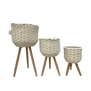 Hot Handmade Cotton Rope Wood Flower Planter Basket With Plastic Film Lining For Indoor/Outdoor Home