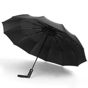 Reizen Paraplu Zwart Pongee, Waterdicht Auto Open Paraguas 8 10 12 Ribben 3 Vouwen Uv Automatische Paraplu/