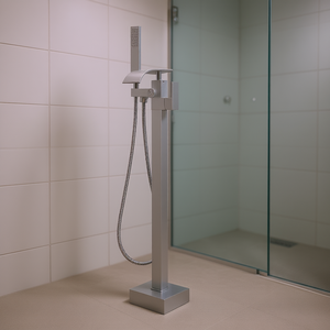 Grifo de Bañera Independiente de Pie, 37.6 Pulgadas, Cromado, Monomando, Diseño Moderno, con Rociador de Lluvia, Mezclador de Ducha y Bañera - Product Image 2