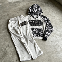 Ensemble de sport pour homme 2 pièces : survêtement camouflage personnalisé, pantalon évasé oversize et sweat à capuche vierge pour impression sérigraphique
