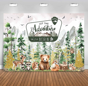 Avventura inizia lo sfondo del Baby Shower avventura attende decorazioni per Baby Shower nei boschi di montagna - Product Image 3
