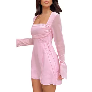 Customized Fashion Casual Cute Pink Chiffon Fabric Waist Tie Design Long Sleeve Women's Vacation Formal Mini Short Dresses