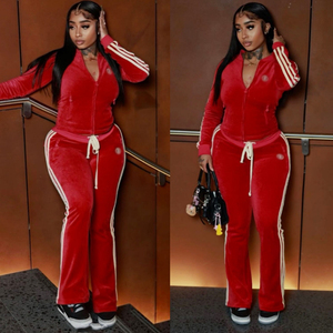 Benutzer definierte Logo Frauen Samt Set Reiß verschluss Trainings jacke mit Flare Pants Hoodie Jogger Trainings anzug 2 Stück Velours Damen bekleidung - Product Image 6
