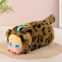 Nouvelle trousse à crayons en vinyle et peluche tête de chat léopard, pochette en peluche poupée bébé qui pleure avec porte-clés, vente chaude