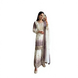 Salwar Kameez pakistanais bicolore avec pantalon Plazzo et dupatta blanc et violet brodé, tenue de mariage traditionnelle pour femmes - Product Image 1