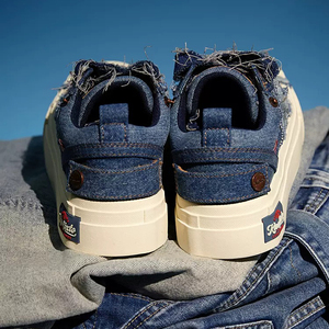 Denim <b>Platform</b> Skate <b>Shoes</b> Star Patch Frayed Raw Edge Thick Off White Sole Street Sneakers - Product Image 5