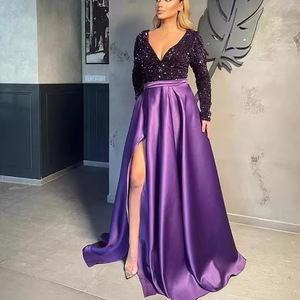 Evening Gown V Neck Long Sleeve <b>Sequined</b> Full Skirt With Slit Natural Waistline - Product Image 3