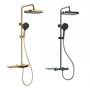 Shower <b>Set</b> <b>Square</b> Rain Showerhead Brushed Gold Thermostatic Faucet With Digital Display Ambient Lighting - Product Image 3