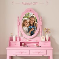 Ensemble coiffeuse et tabouret rose en bois de pin sur pied pour chambre de filles, avec miroir amovible et tiroirs