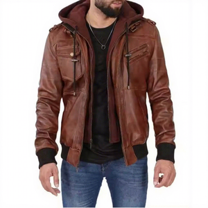 Veste en cuir véritable marron pour homme avec capuche amovible, fermeture éclair, poches poitrine, en peau de mouton, style motard, couleur cognac, personnalisable, cargo, hiver - Product Image 1