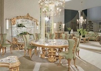 Ensemble de salle à manger Imperial Classic Palace Villa Shell 8 chaises avec tissu perlé plaqué or pour la maison