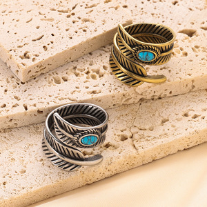 Vintage Feather <b>Ring</b> With <b>Turquoise</b> Inlay For Women Steel Gold 23mm Jewelry Gift - Product Image 2