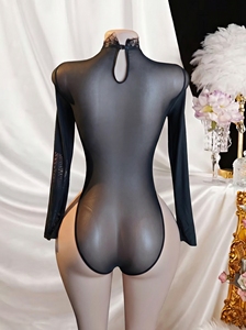 Body de luxe en dentelle ajourée à manches longues, en résille, col montant, lingerie une pièce, vêtements intimes, vêtements de nuit pour femme, taille moyenne - Product Image 2
