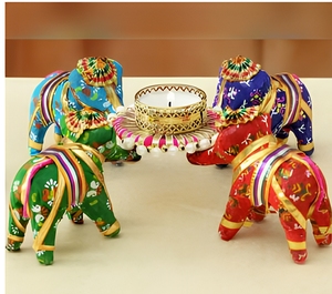 Handmade Elephant Candle Stand With Floral Rangoli Design Gold <b>Ribbon</b> Wedding Home Decor - Product Image 1