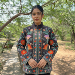 Chaqueta corta de invierno para mujer, de terciopelo, bordada a mano |   Abrigo Informal de Algodón Ecológico Vintage sin Cierre - Product Image 1
