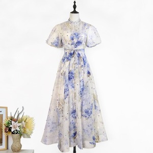 Solid Chiffon Mini Dress High Neck Puff Sleeve A-Line Fitted Breathable Spring Formal Vintage Lace <b>Tight</b> Waist Casual - Product Image 4