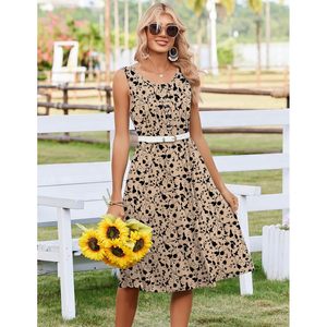 Robe d'été pour femme, imprimé floral, coupe trapèze, longueur midi, sans manches, col rond, décontractée, pour la plage et les vacances, avec poches, tissée respirante - Product Image 3